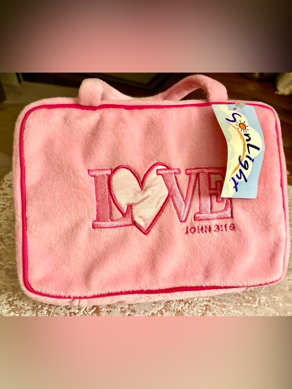 Bible cover / case pink plush w/zippered closure Embroidered “Love “”John”
